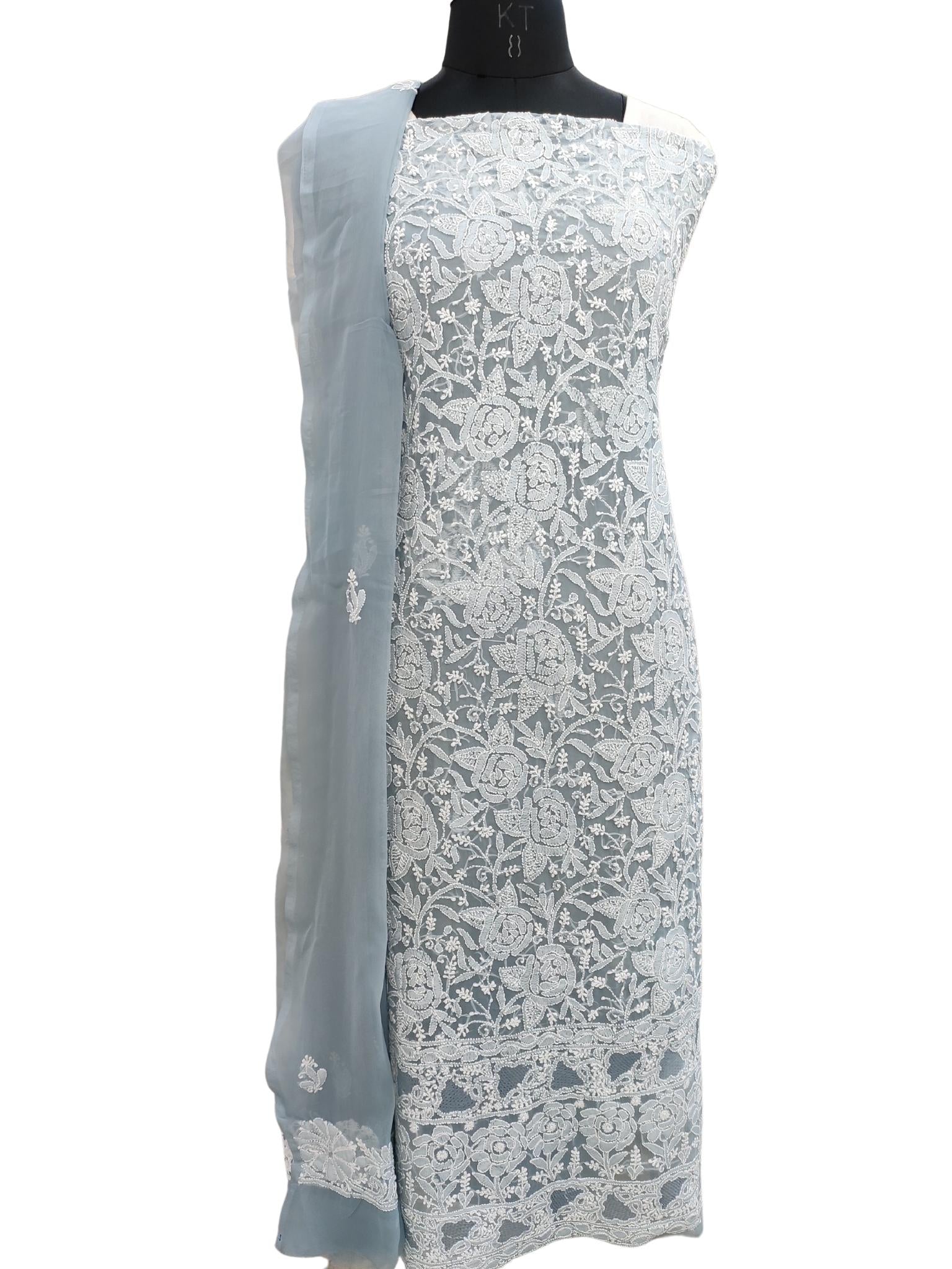 Shyamal Chikan Hand Embroidered Grey Georgette Lucknowi Chikankari Unstitched Suit Piece - S20242