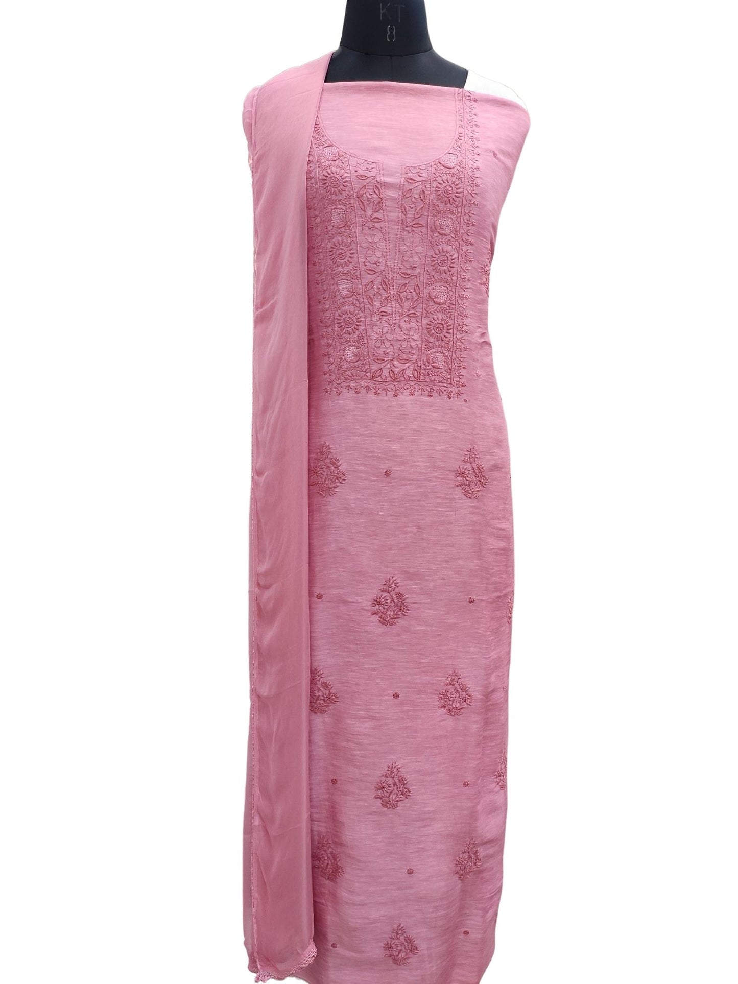 Shyamal Chikan Hand Embroidered Pink Lenin Chanderi Lucknowi Chikankari Unstitched Suit Piece - S21155