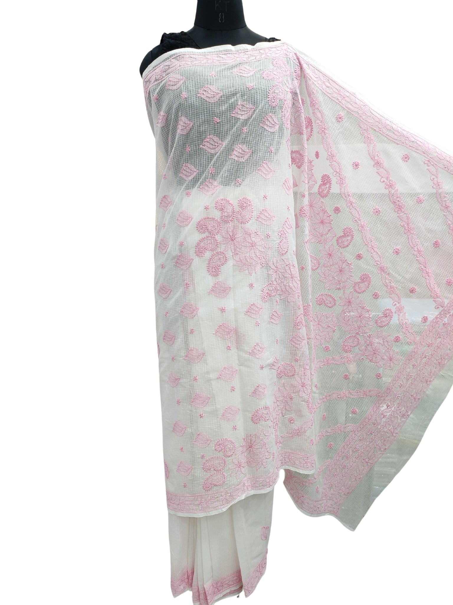 Shyamal Chikan Hand Embroidered White Kota Cotton Lucknowi Chikankari Saree With Blouse Piece - S22165