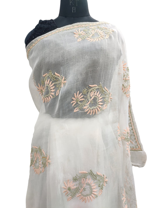 Shyamal Chikan Hand Embroidered White Pure Organza Lucknowi Chikankari Saree With Blouse Piece  - S22313