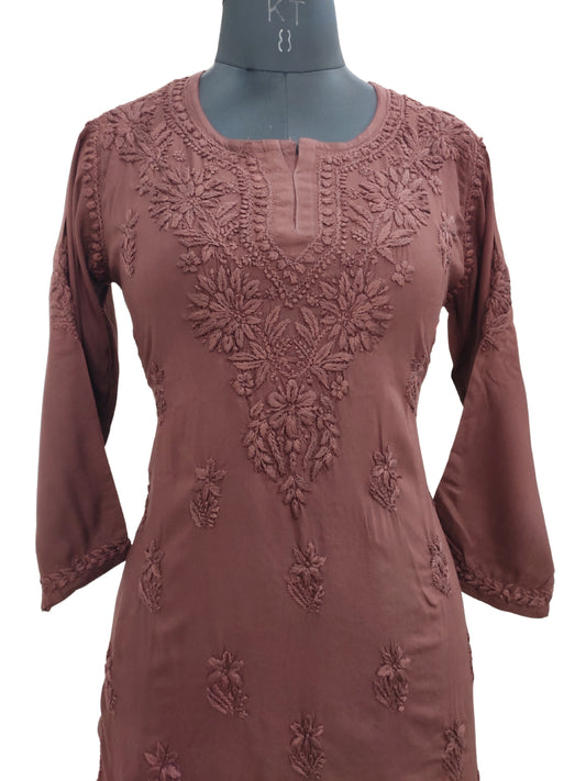 Shyamal Chikan Hand Embroidered Brown Soft Cotton Lucknowi Chikankari Short Top- S21376