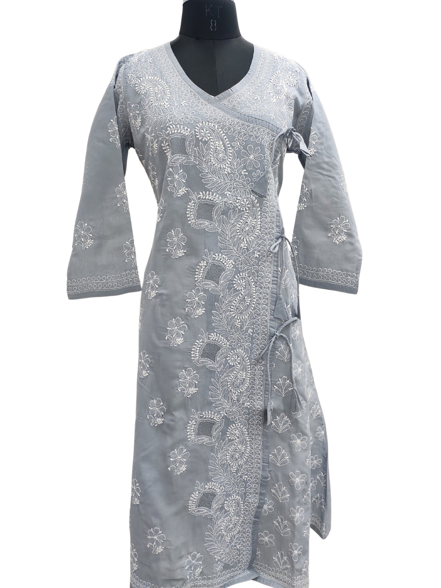 Shyamal Chikan Hand Embroidered Grey Angrakha A-Line Cotton Lucknowi Chikankari Kurti- S22745