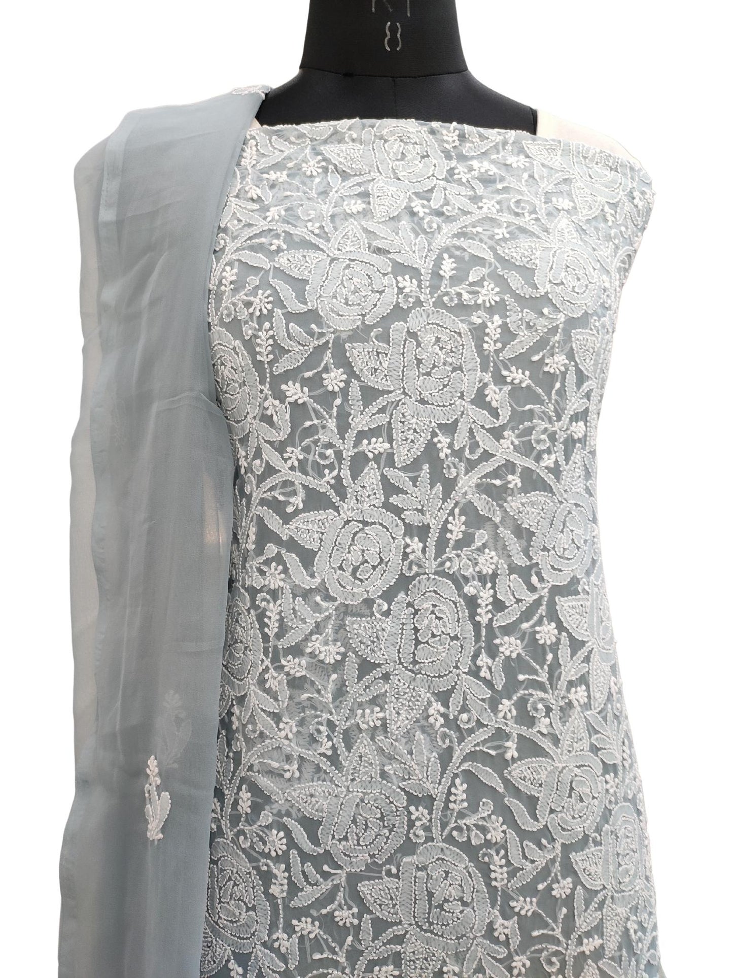 Shyamal Chikan Hand Embroidered Grey Georgette Lucknowi Chikankari Unstitched Suit Piece - S20242