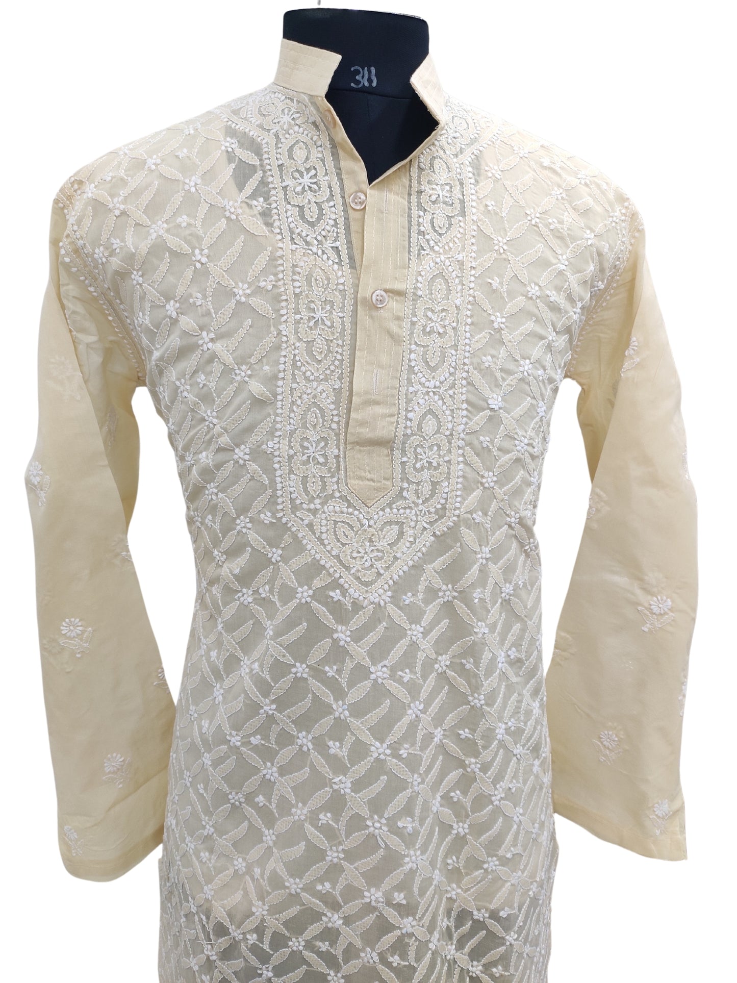 Shyamal Chikan Hand Embroidered Beige Cotton Lucknowi Chikankari Men's Kurta –S21594