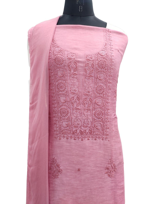 Shyamal Chikan Hand Embroidered Pink Lenin Chanderi Lucknowi Chikankari Unstitched Suit Piece - S21155