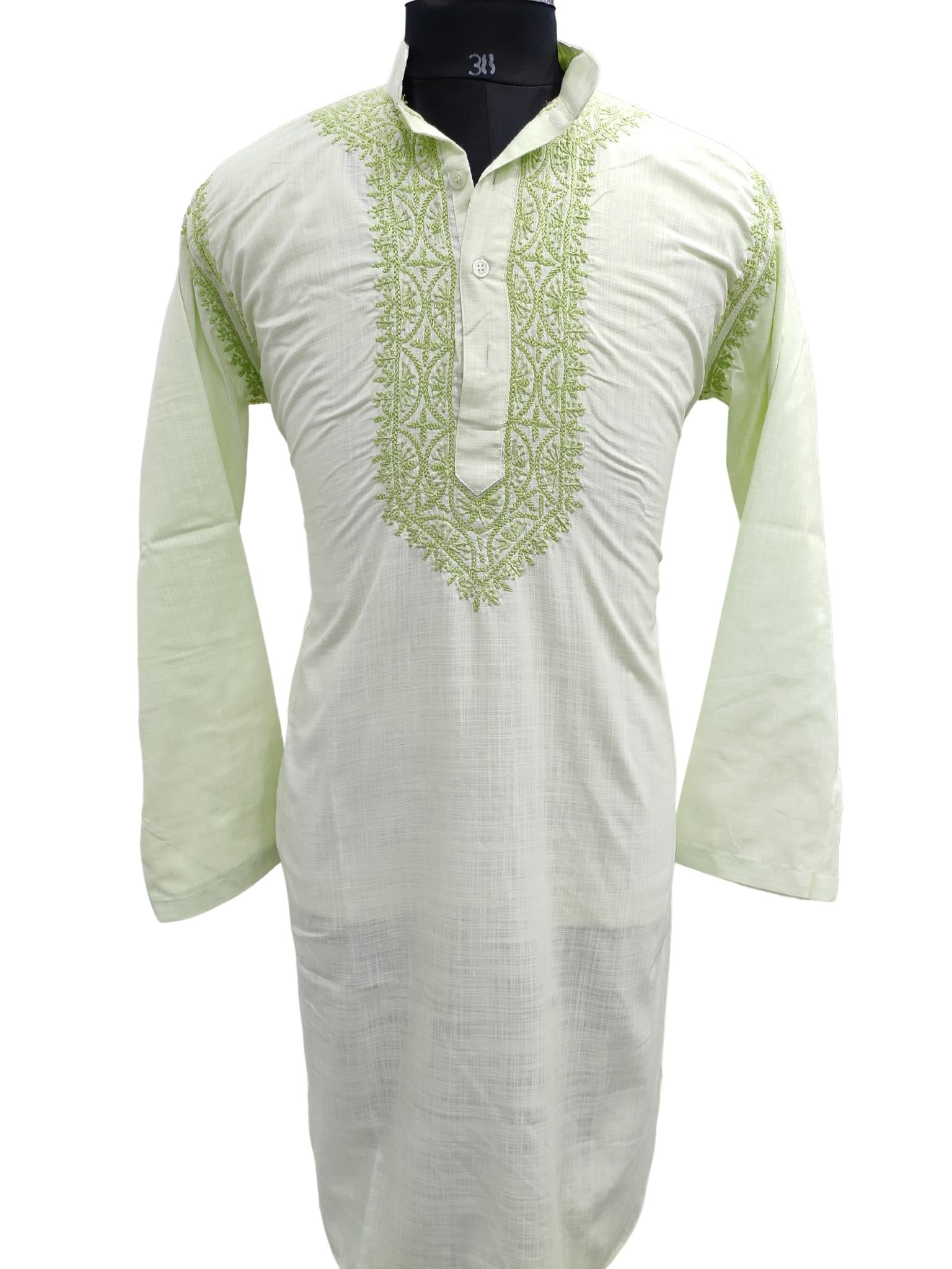 Shyamal Chikan Hand Embroidered Green Cotton Lucknowi Chikankari Men's Kurta – S21215