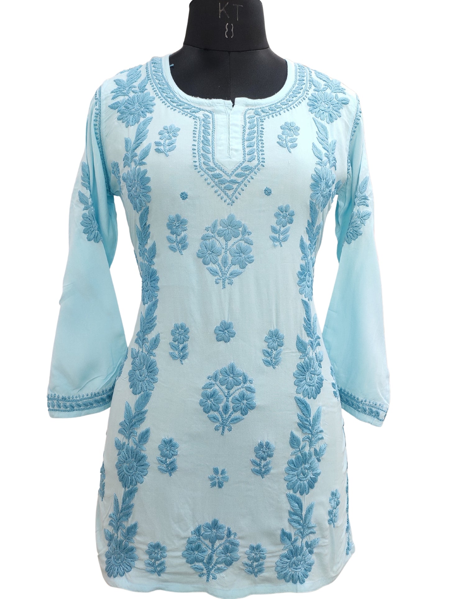 Shyamal Chikan Hand Embroidered Blue Soft Cotton Lucknowi Chikankari Short Top- S21375