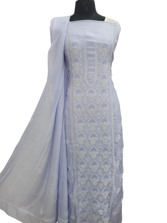 Shyamal Chikan Hand Embroidered Blue Cotton Silk Lucknowi Chikankari Unstitched Suit Piece With Jaali Work ( Kurta Dupatta Set ) - S23708