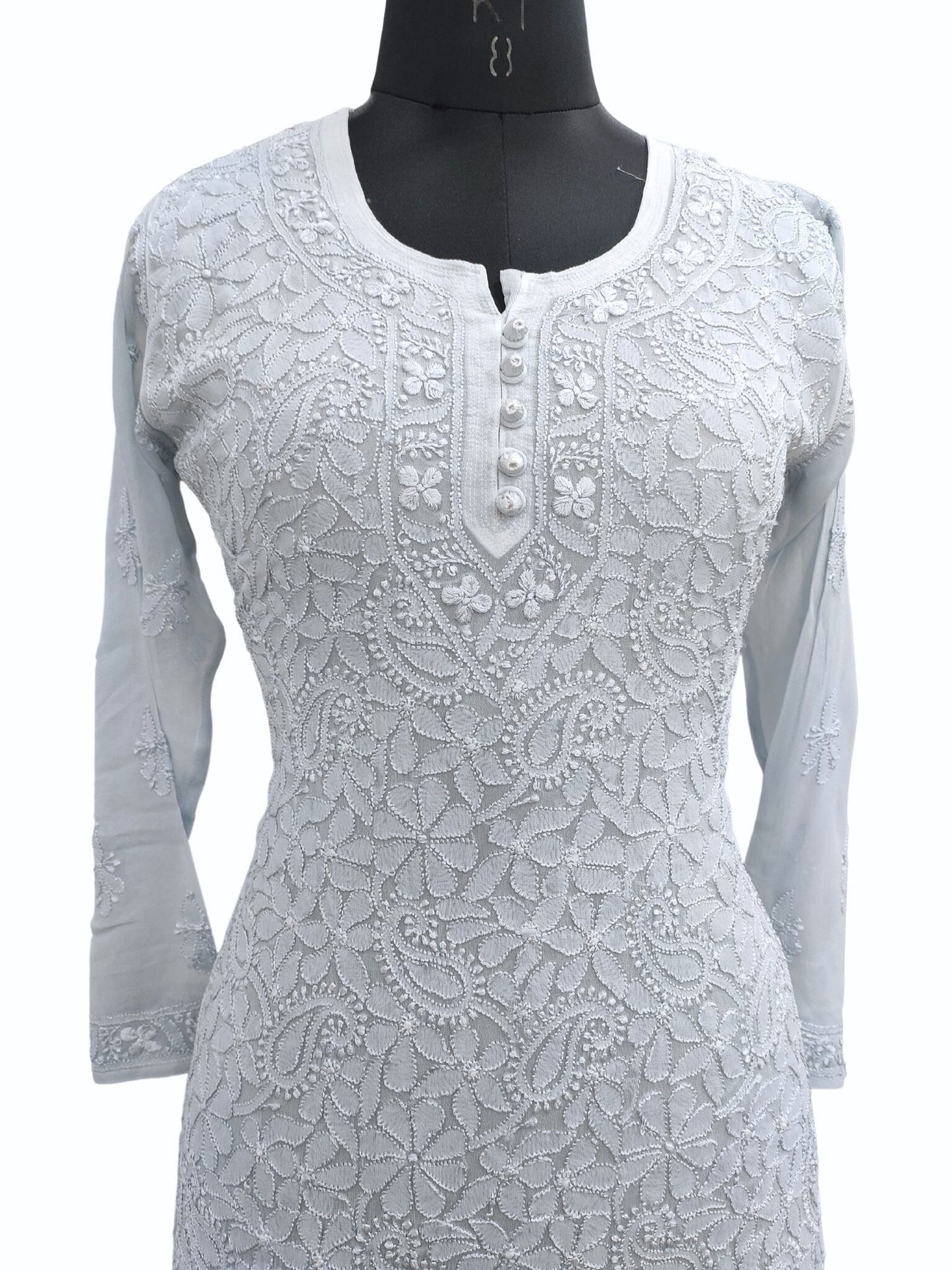 Shyamal Chikan Hand Embroidered Blue Viscose Georgette Lucknowi Chikankari Short Top - S19624