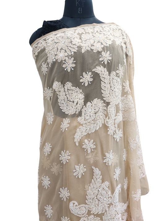 Shyamal Chikan Hand Embroidered Brown Georgette Lucknowi Chikankari Skirt Saree With Blouse Piece - S26271