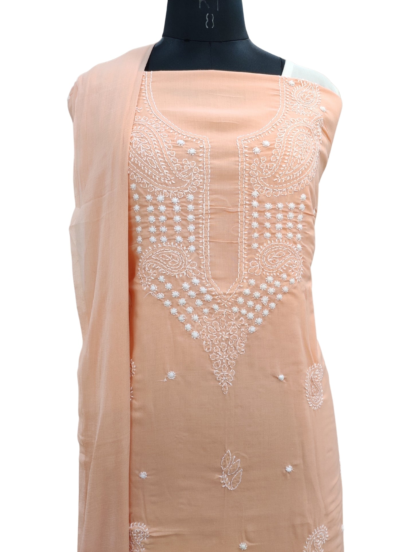 Shyamal Chikan Hand Embroidered Peach Cotton Lucknowi Chikankari Unstitched Suit Piece - S24202