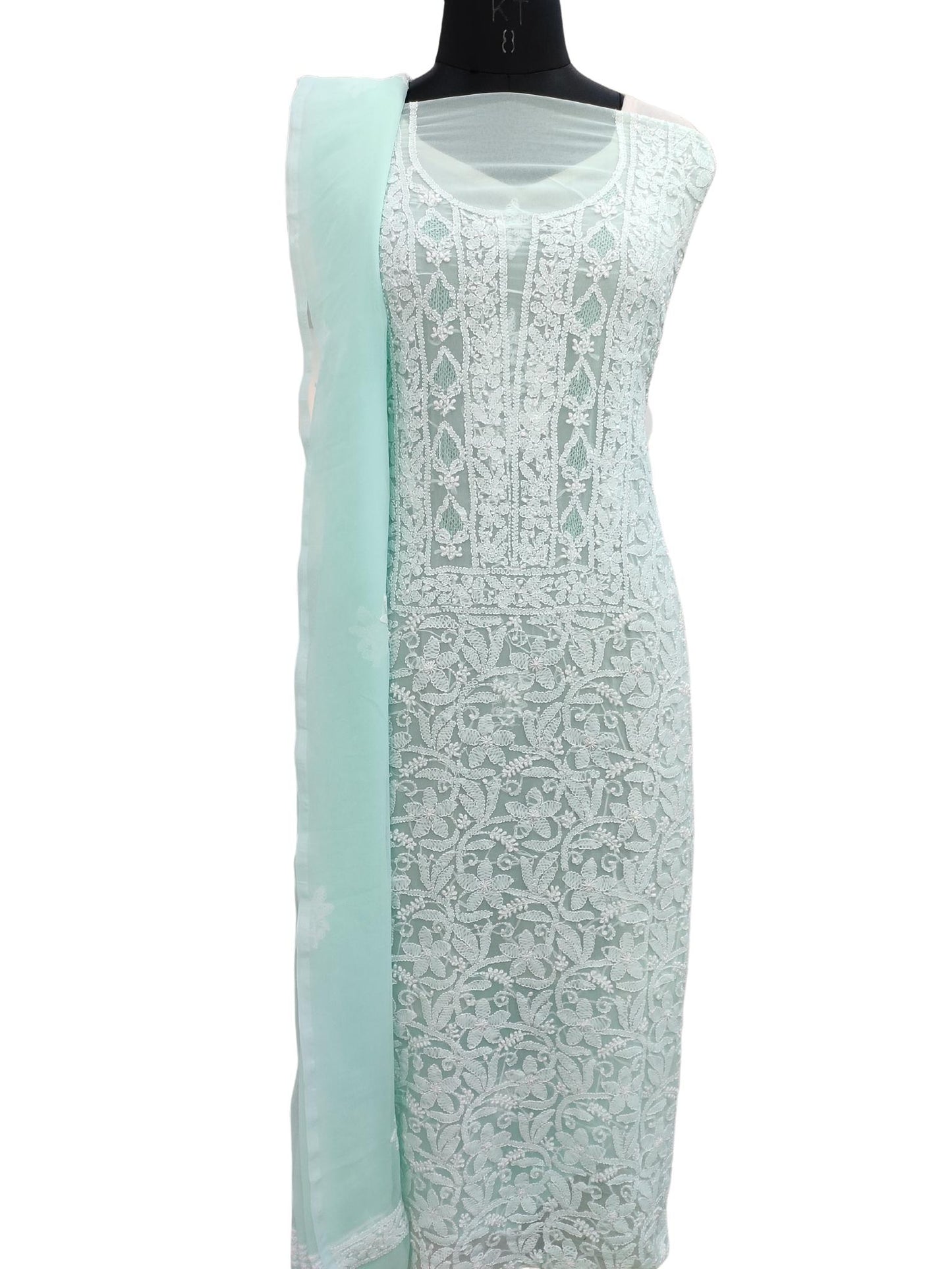Shyamal Chikan Hand Embroidered Sea Green Georgette Lucknowi Chikankari Unstitched Suit Piece with Jaali work - S20237