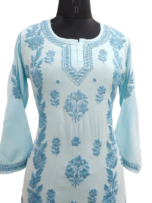 Shyamal Chikan Hand Embroidered Blue Soft Cotton Lucknowi Chikankari Short Top- S21375