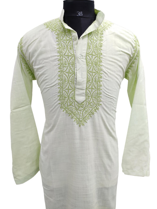 Shyamal Chikan Hand Embroidered Green Cotton Lucknowi Chikankari Men's Kurta – S21215
