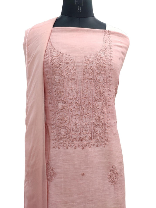 Shyamal Chikan Hand Embroidered Peach Lenin Chanderi Lucknowi Chikankari Unstitched Suit Piece - S21153