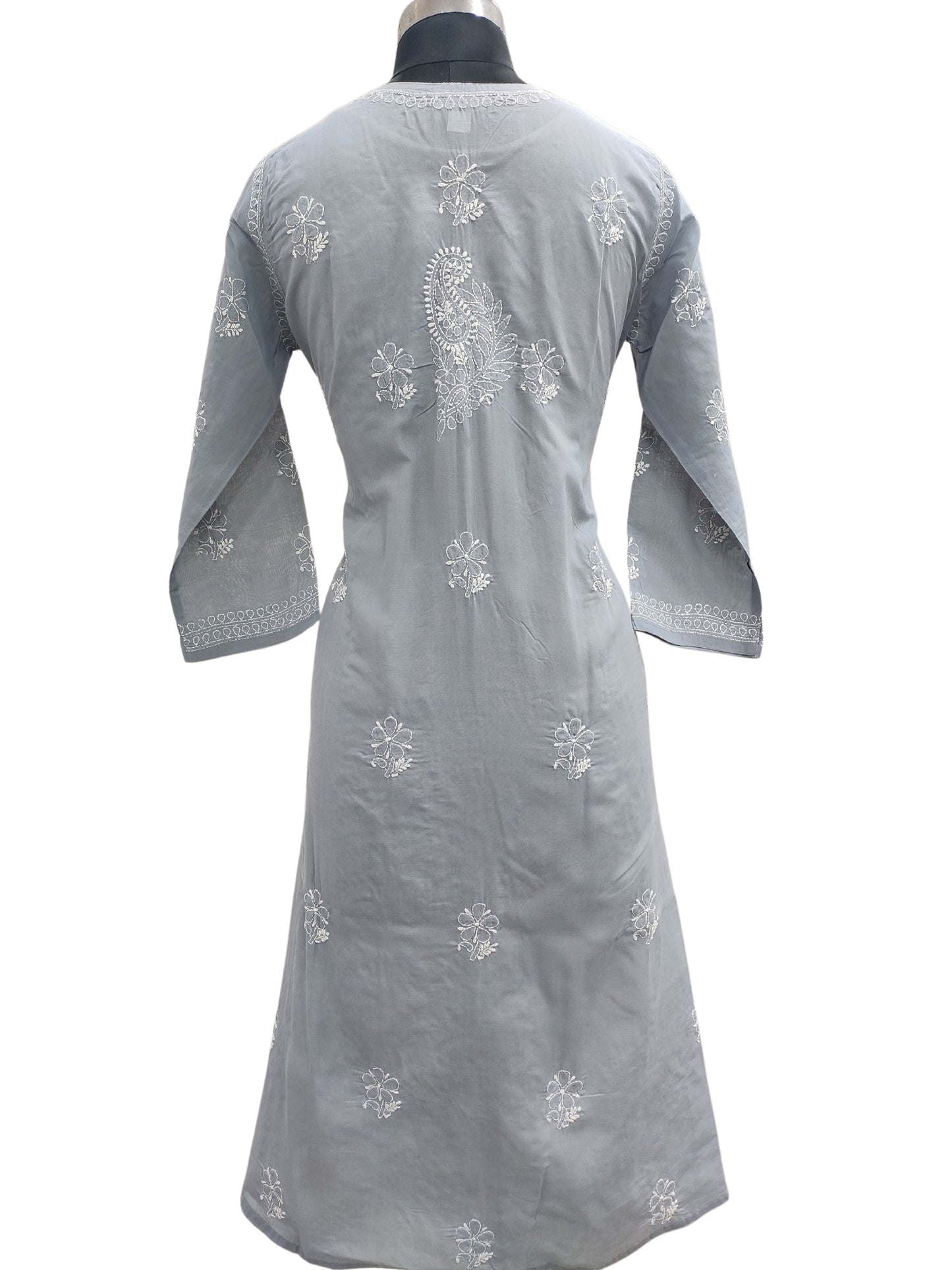 Shyamal Chikan Hand Embroidered Grey Angrakha A-Line Cotton Lucknowi Chikankari Kurti- S22745