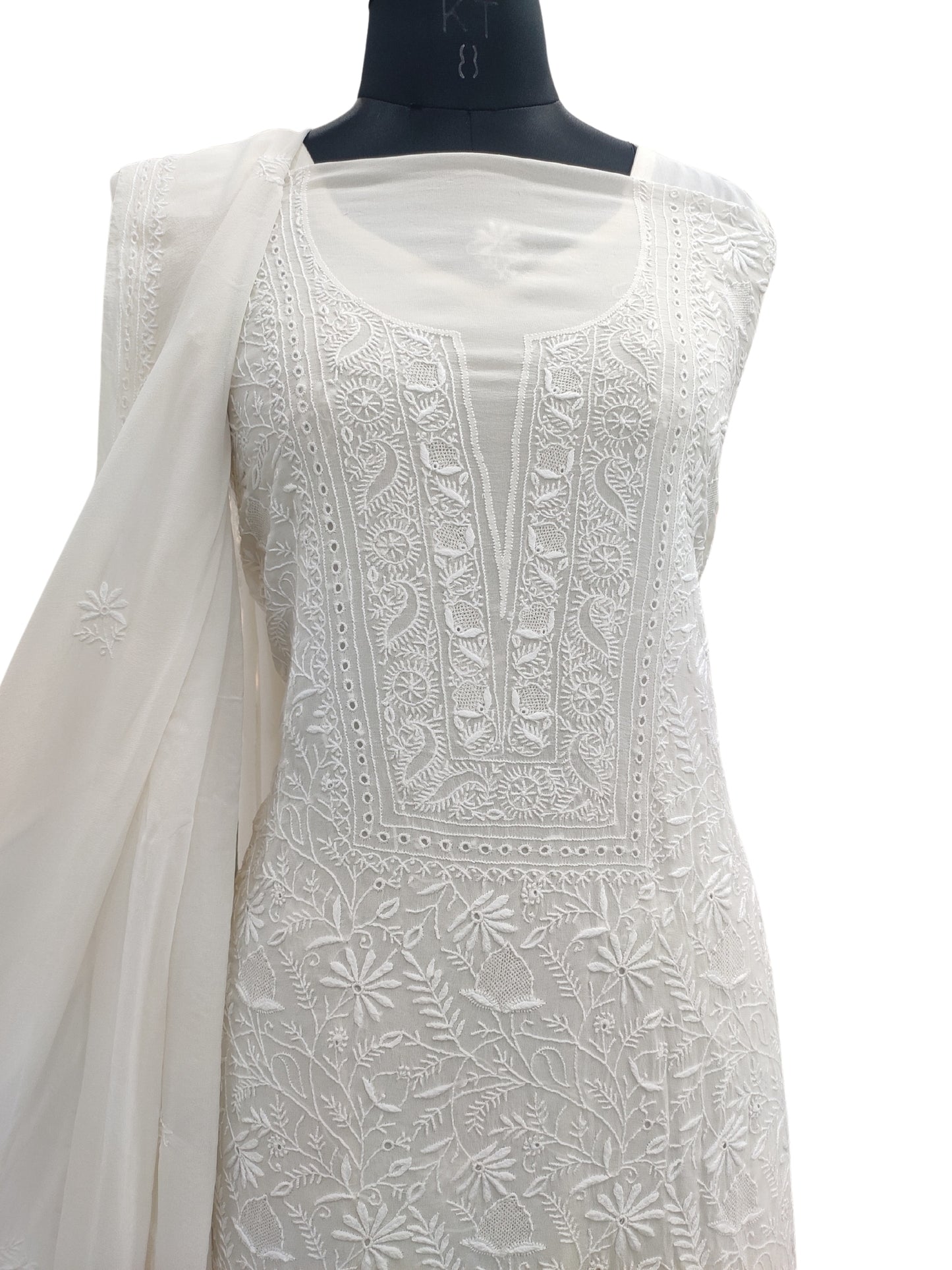 Shyamal Chikan Hand Embroidered White Pure Georgette Lucknowi Chikankari Unstitched Suit Piece With Jaali Work  - 23835