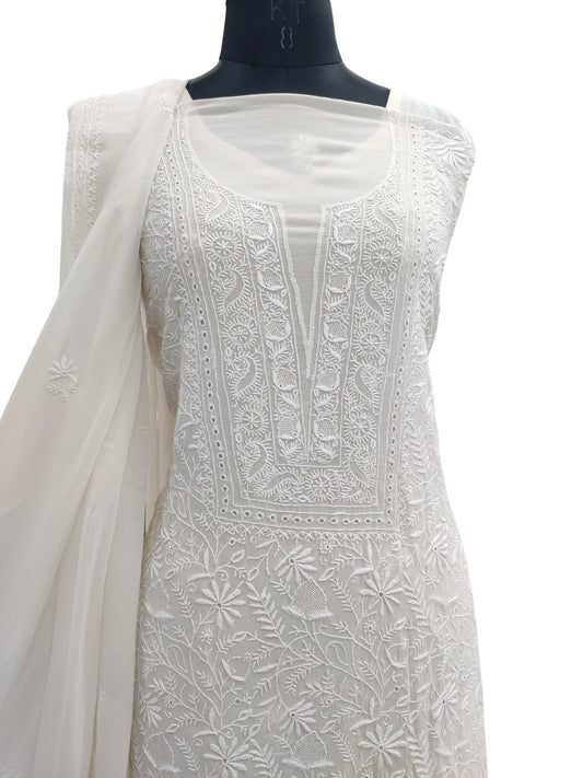 Shyamal Chikan Hand Embroidered White Pure Georgette Lucknowi Chikankari Unstitched Suit Piece With Jaali Work - S23835