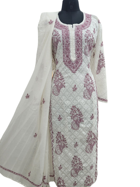 Shyamal Chikan Hand Embroidered White Mul Chanderi Lucknowi Chikankari semi stitched Suit Piece (Kurta Dupatta Set) - S25099