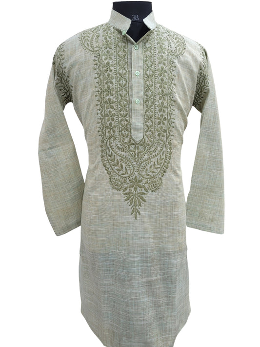 Shyamal Chikan Hand Embroidered Green Cotton Lucknowi Chikankari Men's Kurta - S25177