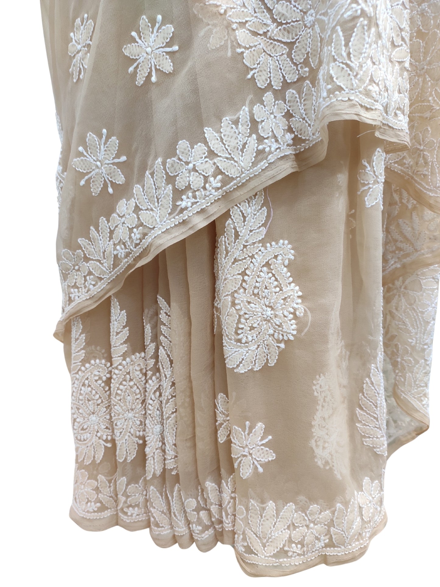 Shyamal Chikan Hand Embroidered Brown Georgette Lucknowi Chikankari Skirt Saree With Blouse Piece - S25238