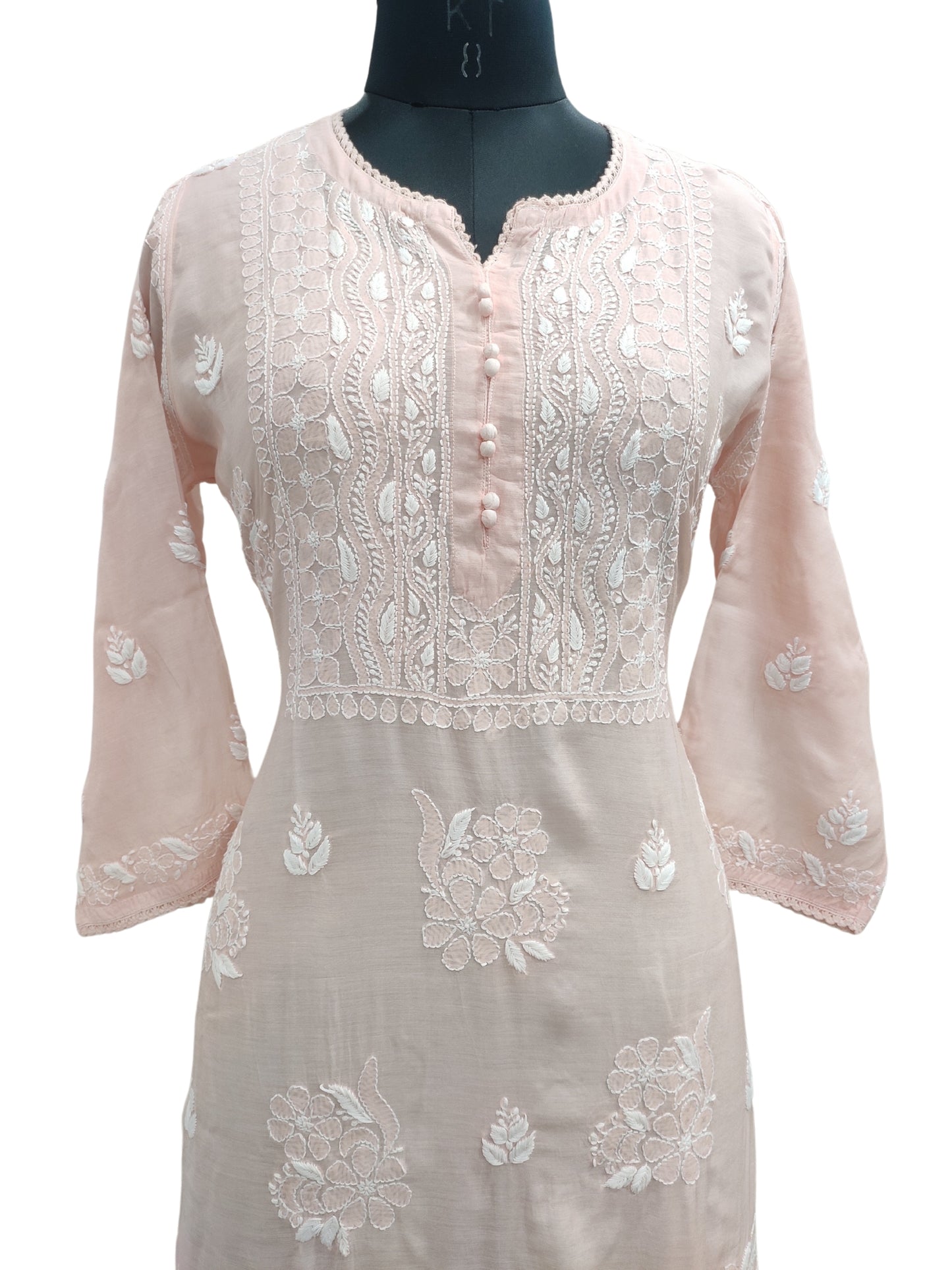 Shyamal Chikan Hand Embroidered Peach Muslin Lucknowi Chikankari Kurti - S25474