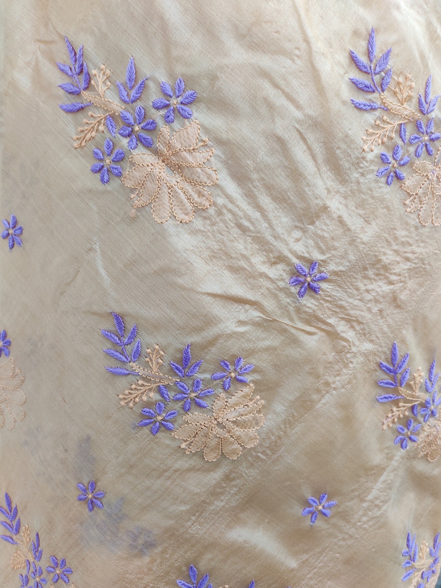 Shyamal Chikan Hand Embroidered Peach Tusser Silk Lucknowi Chikankari Saree With Blouse Piece- S22476