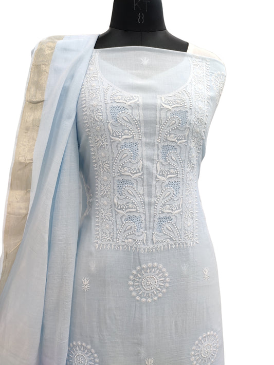Shyamal Chikan Hand Embroidered Blue Mangalgiri Cotton Lucknowi Chikankari Unstitched Suit Piece ( Kurta Dupatta Set ) - S21915