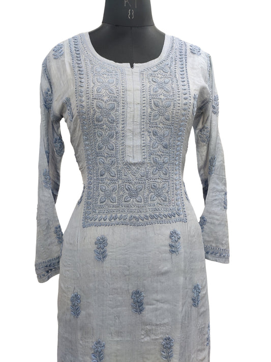 Shyamal Chikan Hand Embroidered Grey Pure Tusser Silk Lucknowi Chikankari Kurti- S24410