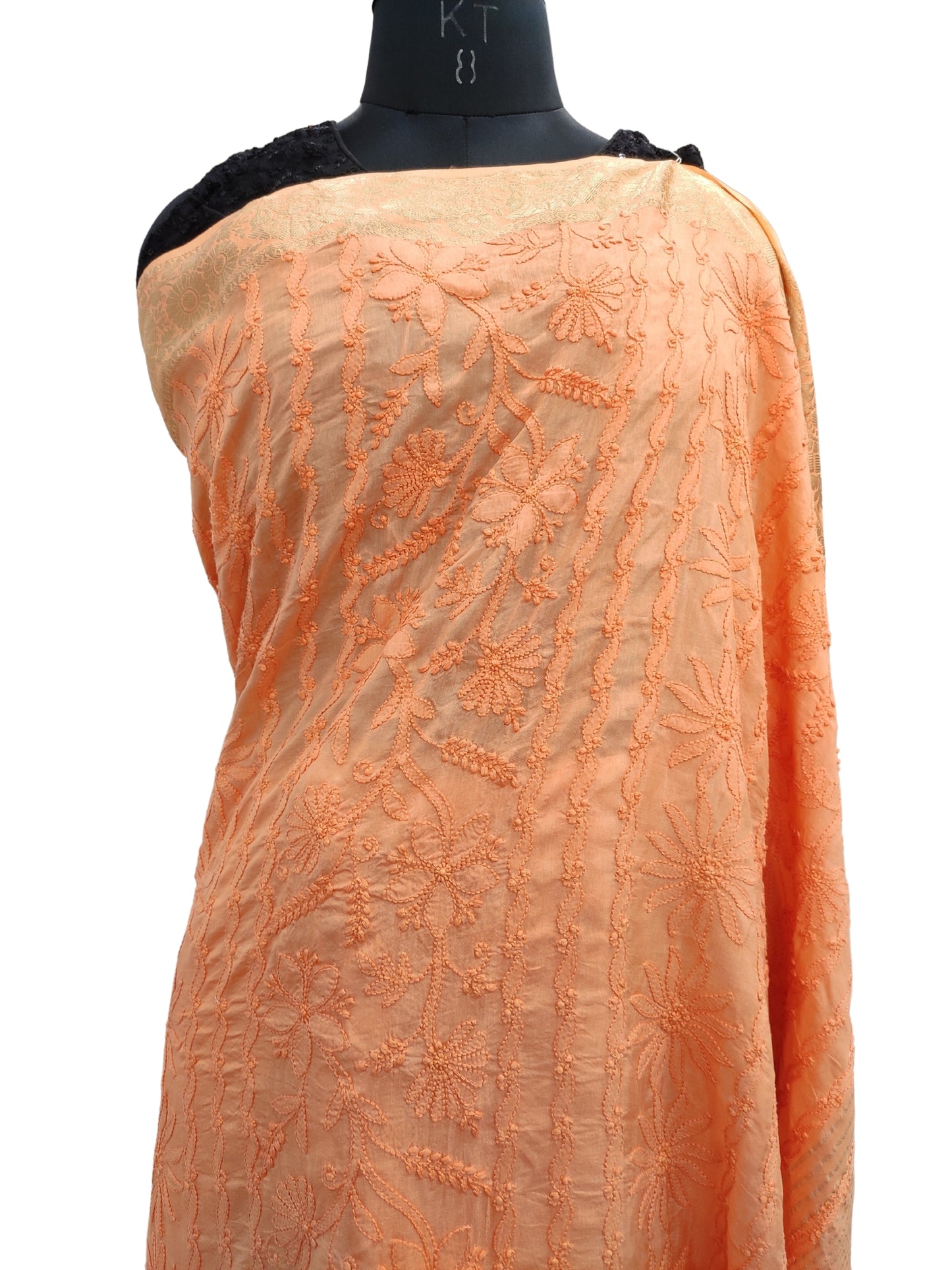 Shyamal Chikan Hand Embroidered Orange Pure Muslin Lucknowi Chikankari Saree With Blouse Piece- S20083