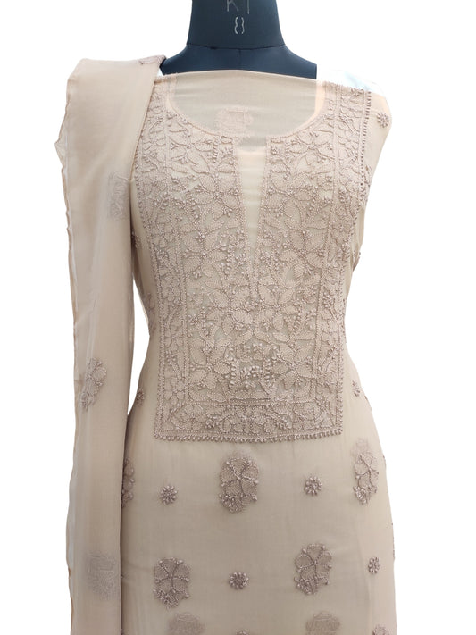 Shyamal Chikan Hand Embroidered Brown Georgette Lucknowi Chikankari Unstitched Suit Piece - 24009