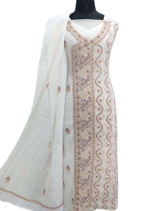 Shyamal Chikan Hand Embroidered White Mul Chanderi Lucknowi Chikankari Unstitched Angrakha Style Suit Piece (Kurta Dupatta Set) - S22323