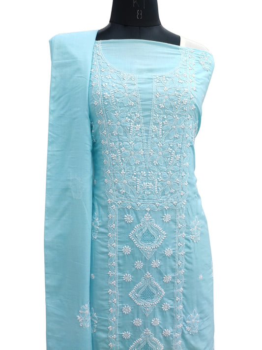 Shyamal Chikan Hand Embroidered Blue Cotton Lucknowi Chikankari Unstitched Suit Piece With Cotton Dupatta & Jaali Work - S25290