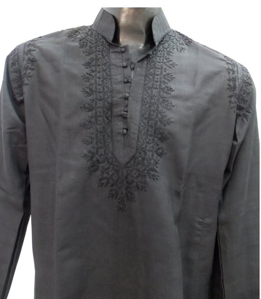 Shyamal Chikan Hand Embroidered Black Cotton Lucknowi Chikankari Men's Kurta – S1279