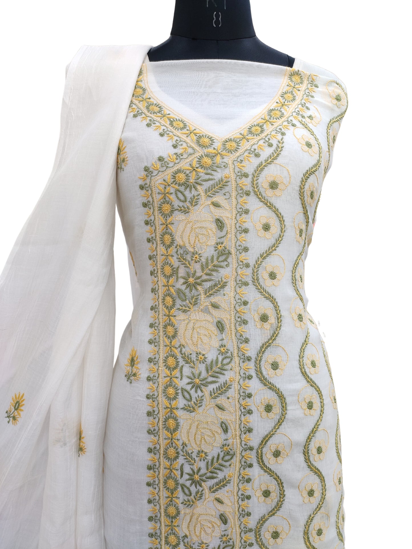 Shyamal Chikan Hand Embroidered White Mul Chanderi Lucknowi Chikankari Unstitched Angrakha Style Suit Piece ( Kurta-Dupatta Set ) - S20974
