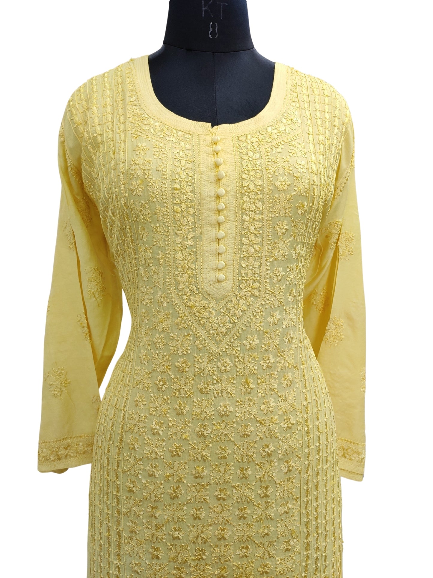 Shyamal Chikan Hand Embroidered Yellow Muslin Lucknowi Chikankari Kurti - S24233