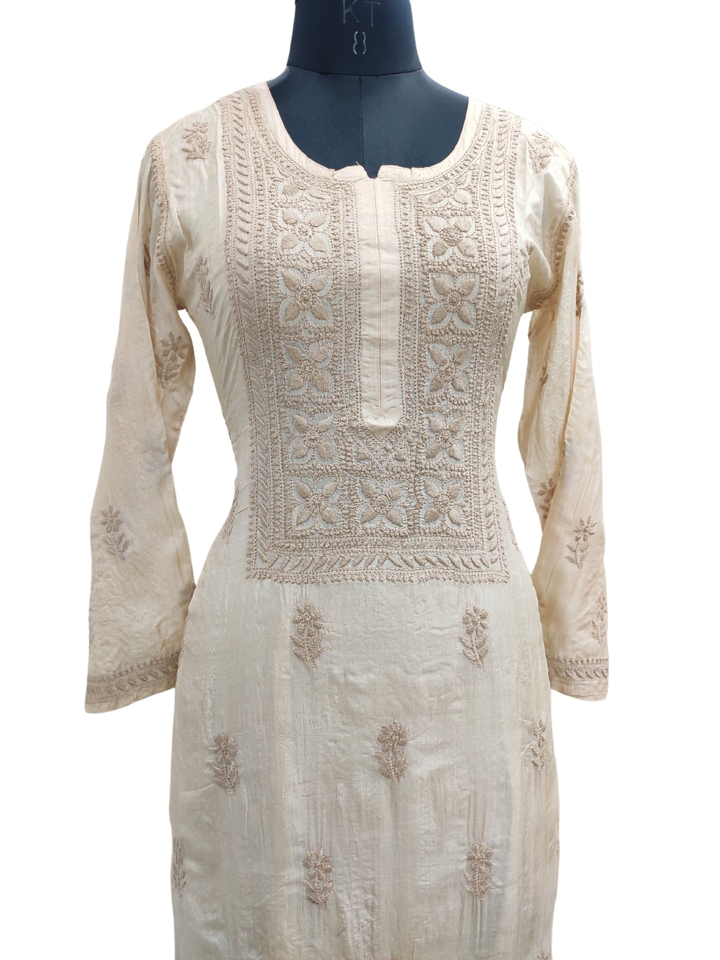 Shyamal Chikan Hand Embroidered Beige Pure Tusser Silk Lucknowi Chikankari Kurti- S24404