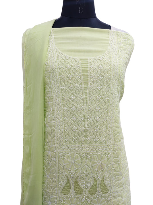 Shyamal Chikan Hand Embroidered Green Cotton Lucknowi Chikankari Unstitched Suit Piece With Jaali Work- S21882