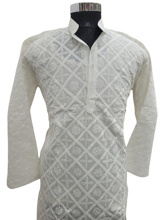 Shyamal Chikan Hand Embroidered White Cotton Lucknowi All-Over Chikankari Men's Kurta with Daraz Work – S25154