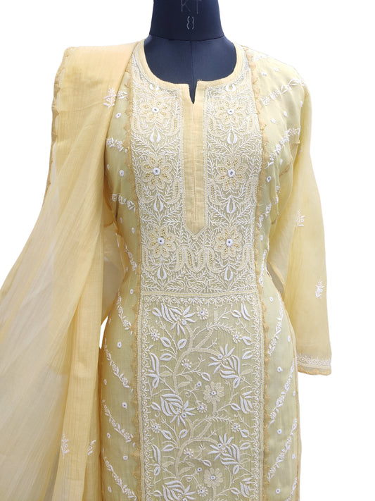 Shyamal Chikan Hand Embroidered Yellow Mul Chanderi Lucknowi Chikankari semi stitched Suit Piece With Daraz Work (Kurta Dupatta Set) - S25087