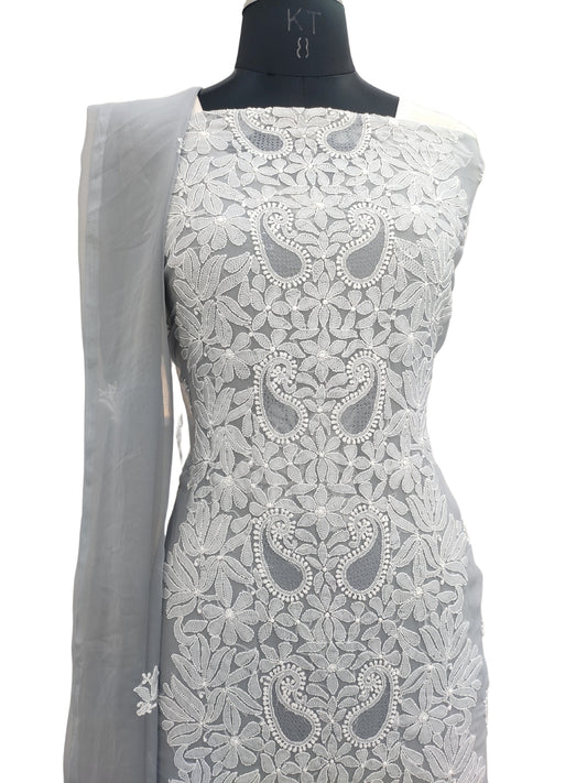 Shyamal Chikan Hand Embroidered Grey Georgette Lucknowi Chikankari Unstitched Suit Piece - 24032