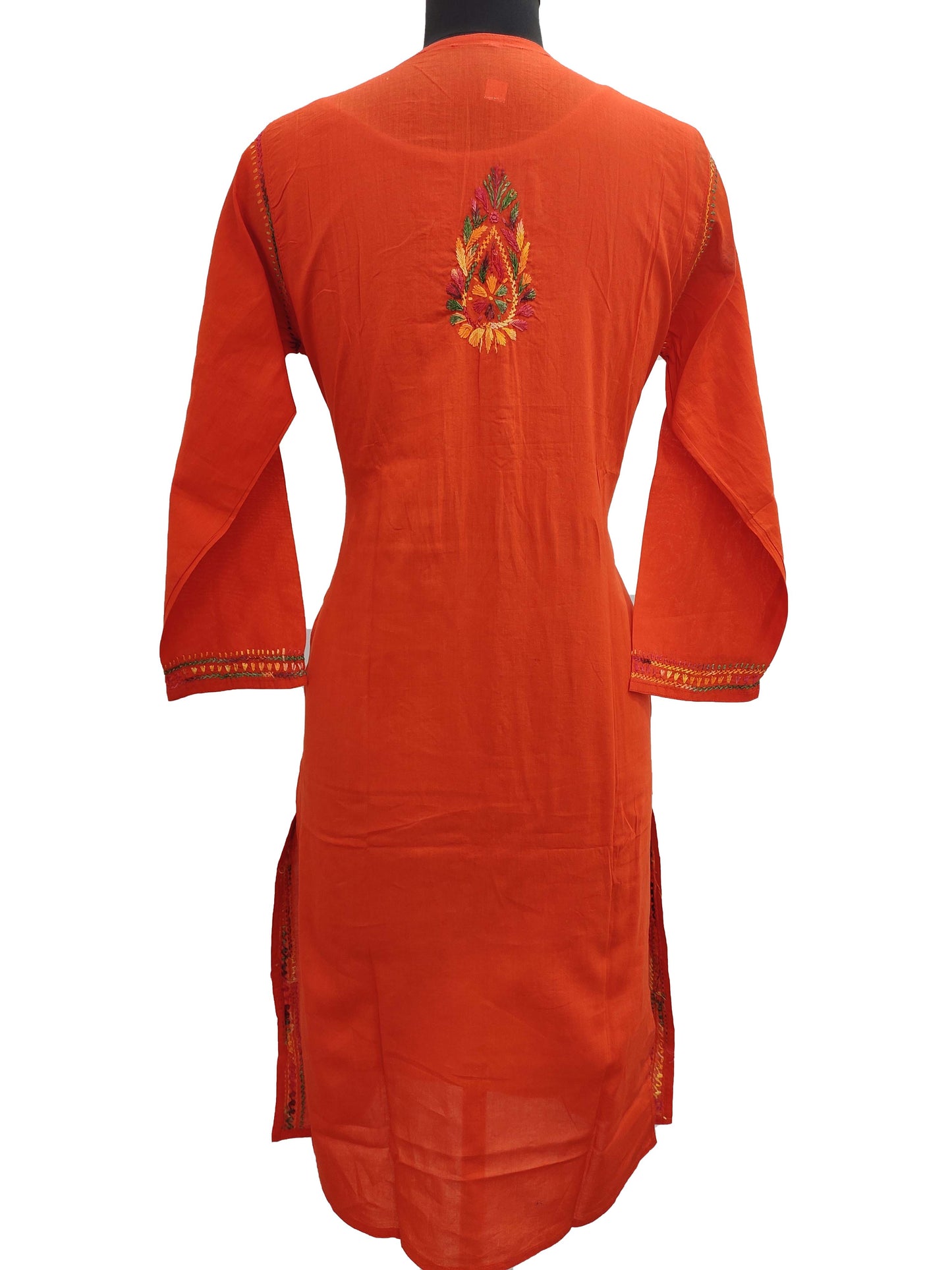 Shyamal Chikan Hand Embroidered Orange Rayon Cotton Lucknowi Chikankari Kurti- S10963