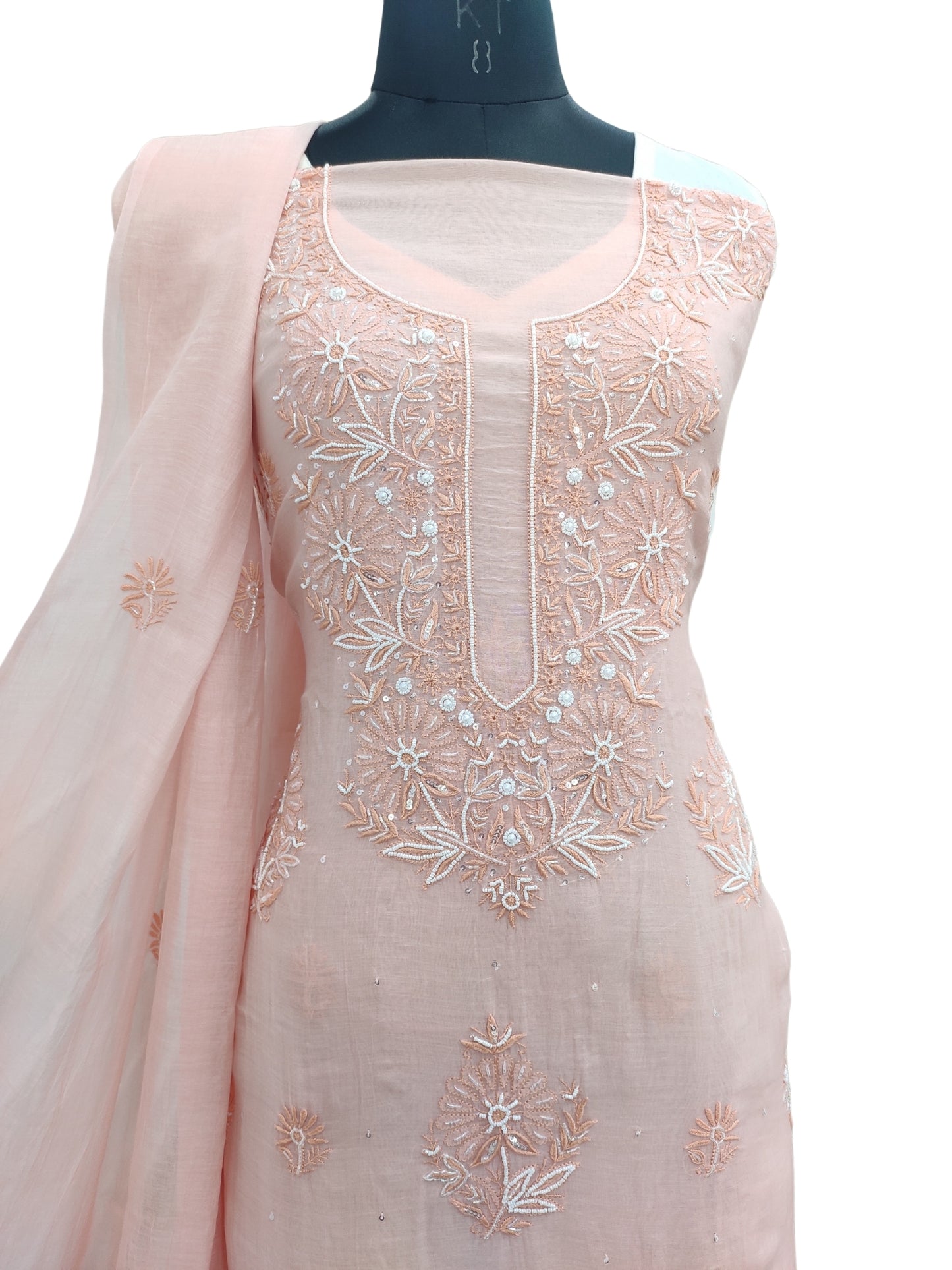 Shyamal Chikan Hand Embroidered Peach Mul Chanderi Lucknowi Chikankari Unstitched Suit Piece with Cutdana & Sequin Work (Kurta Dupatta Set) 23704