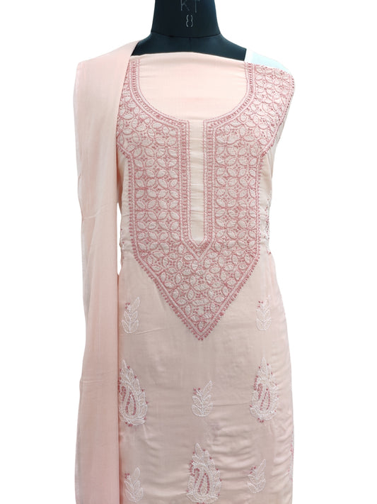 Shyamal Chikan Hand Embroidered Peach Cotton Lucknowi Chikankari Unstitched Suit Piece - S24155