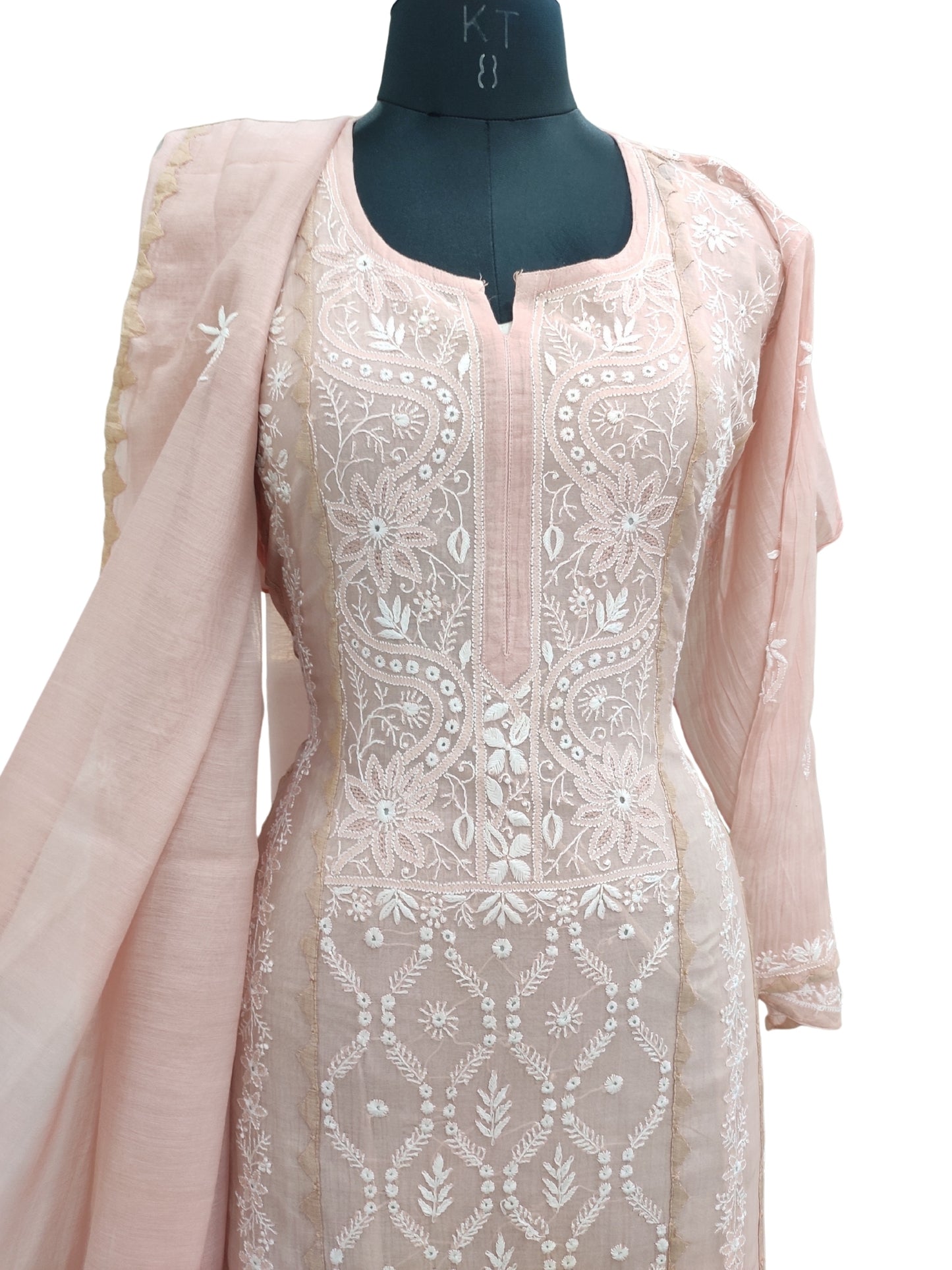 Shyamal Chikan Hand Embroidered Peach Mul Chanderi Lucknowi Chikankari semi stitched Suit Piece With Daraz Work (Kurta Dupatta Set) - S25084