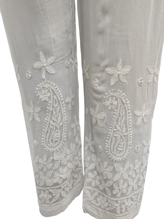 Shyamal Chikan Hand Embroidered White Viscose Georgette Lucknowi Chikankari Women's Pant– 23322