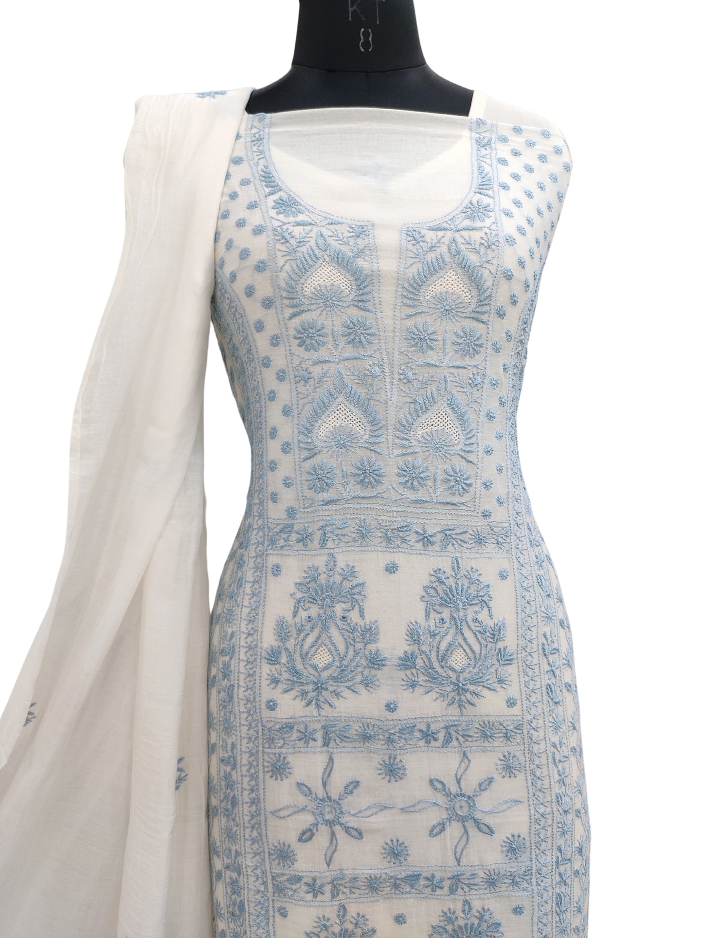 Shyamal Chikan Hand Embroidered White Mul Chanderi Lucknowi Chikankari Unstitched Suit Piece (Kurta Dupatta Set) - S24343