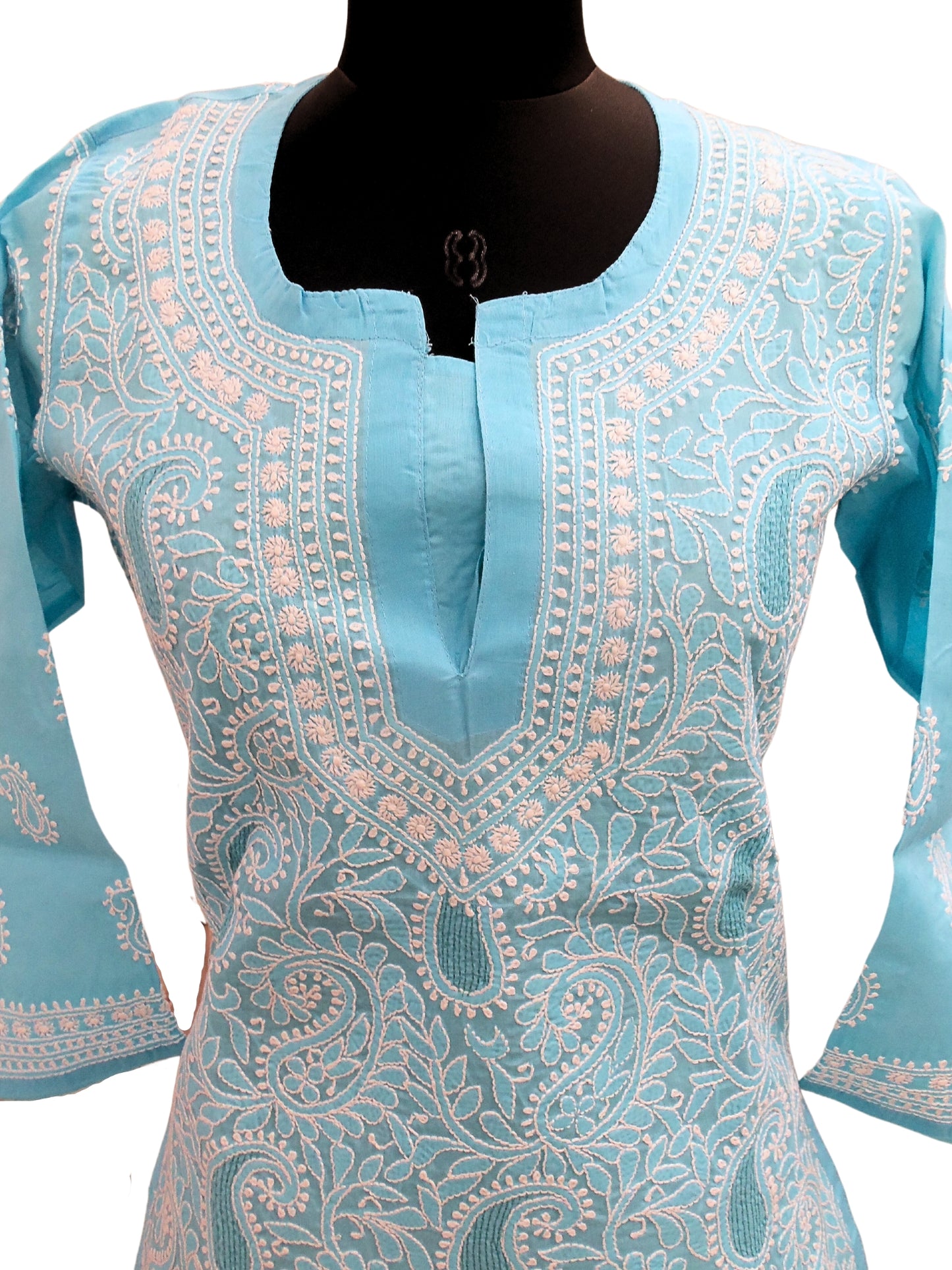 Shyamal Chikan Hand Embroidered Sky Blue Cotton Lucknowi Chikankari Short Top with Jaali Work - S4042
