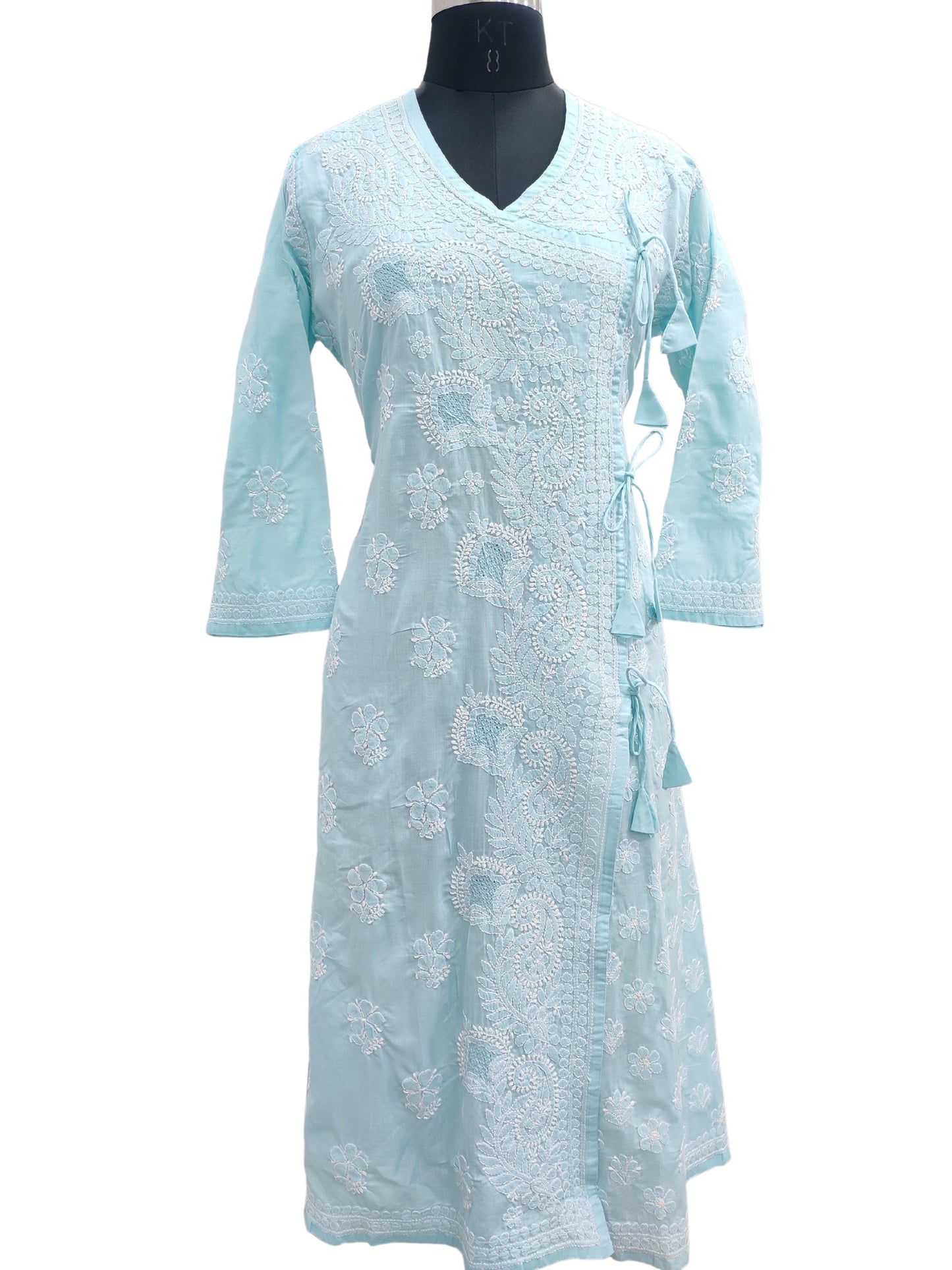 Shyamal Chikan Hand Embroidered Blue Angrakha A-Line Cotton Lucknowi Chikankari Kurti- S22747