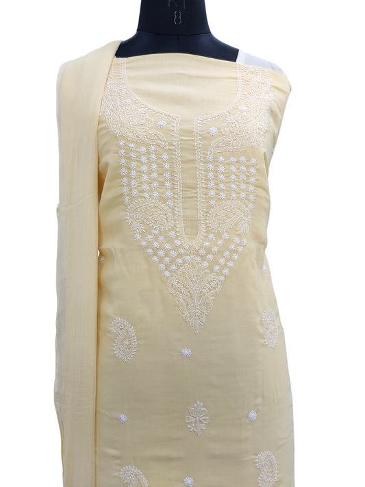 Shyamal Chikan Hand Embroidered Yellow Cotton Lucknowi Chikankari Unstitched Suit Piece - S24198